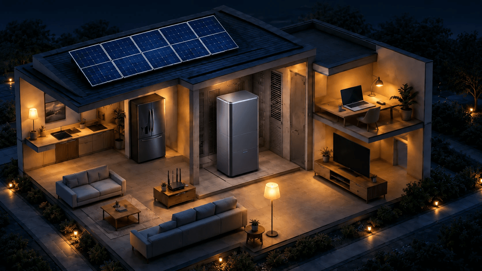 Interactive illustrative scene — not an exact product or installation. Cutaway house at night with rooftop solar panels, a portable power station on the patio, a kitchen refrigerator, a living room, and an upstairs desk.